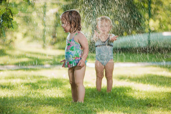 The two little baby girls playing with garden sprinkler. Stock photo © master1305