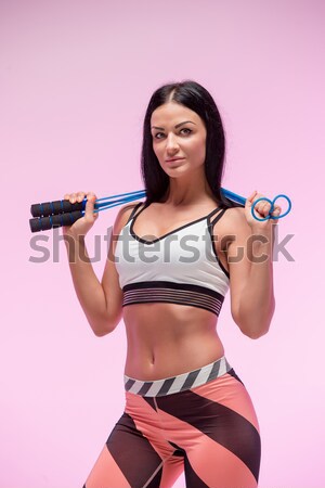 Stockfoto: Gespierd · jonge · vrouw · atleet · touw · zwarte · naar