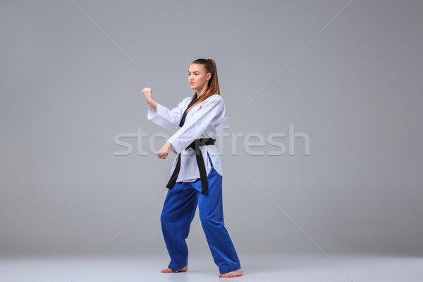 Karate lány fekete öv fehér kimonó Stock fotó © master1305