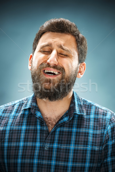 Foto stock: Llorando · hombre · lágrimas · cara · primer · plano · azul