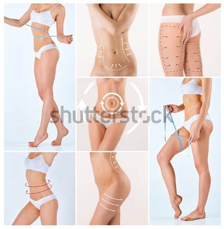 Collage vrouwelijke lichaam tekening pijlen vet Stockfoto © master1305