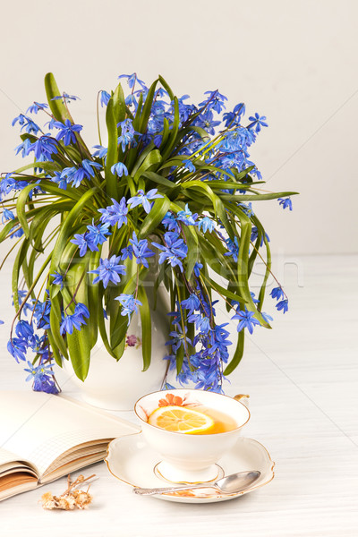 Tea with  lemon and bouquet of  blue primroses on the table Stock photo © master1305