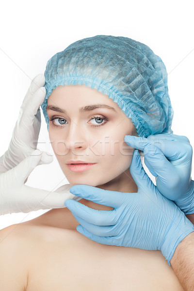 Stockfoto: Plastische · chirurgie · arts · handen · handschoenen · aanraken · vrouw · gezicht