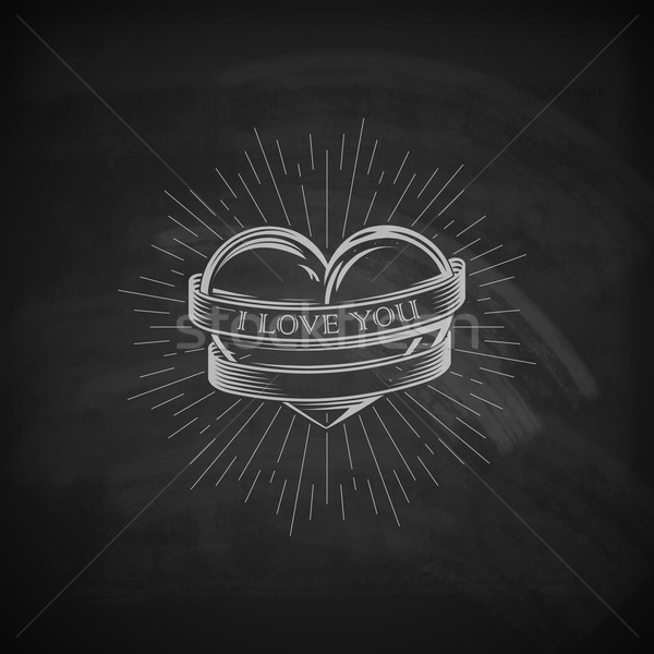 vector illustration of engraving heart,  ribbon and burst light rays emblem on the chalkboard textur Stock photo © maximmmmum