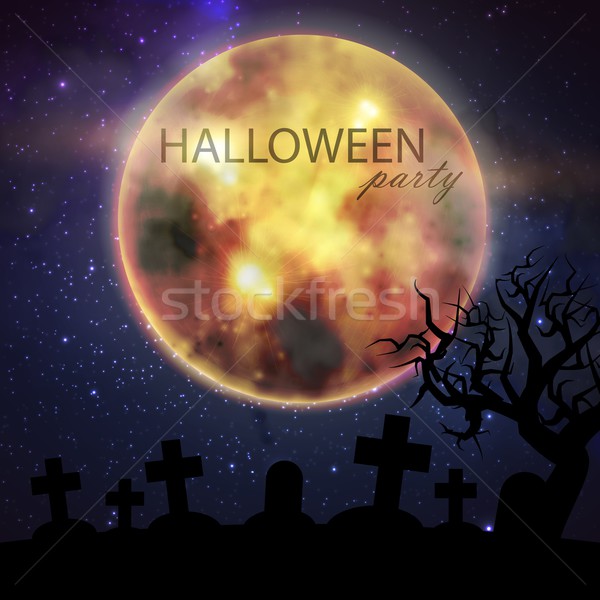 Halloween vector illustration with full moon and cemetery on the night sky background. party flyer d Stock photo © maximmmmum
