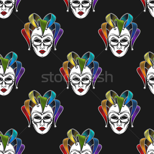 vector background with engraving rainbow venetian carnival mask or jester emblem. seamless pattern Stock photo © maximmmmum