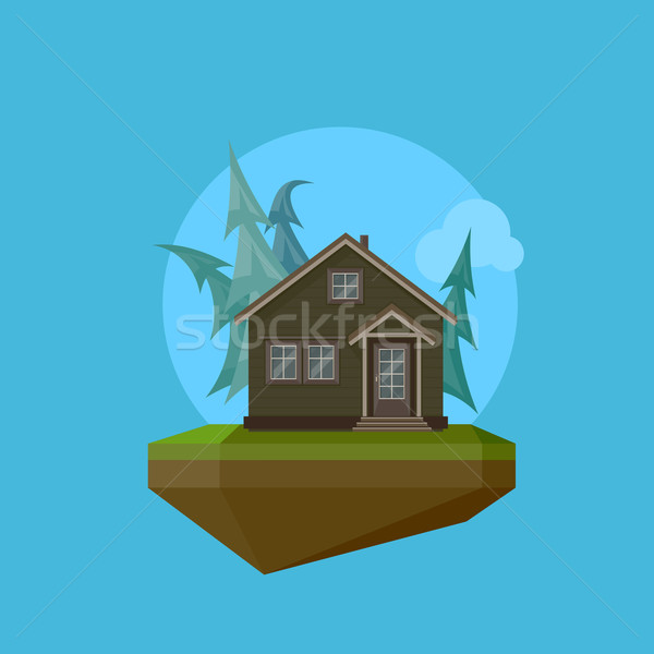 Illustration of a cartoon house in flat polygonal style and flying island Stock photo © maximmmmum