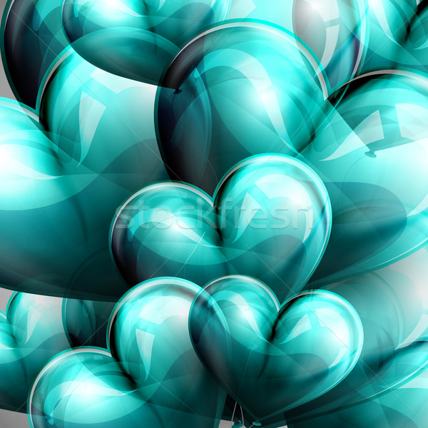 Stock photo: vector holiday illustration of flying azure balloon hearts. Valentines Day or wedding background