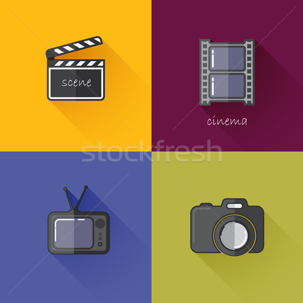 Set of concept icons for media industry (camera, TV, clapboard, filmstrip). Flat design with long sh Stock photo © maximmmmum