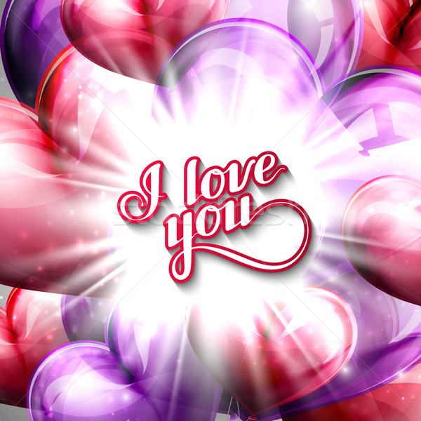vector holiday illustration of  I love you label on the festive balloon hearts background with shiny Stock photo © maximmmmum