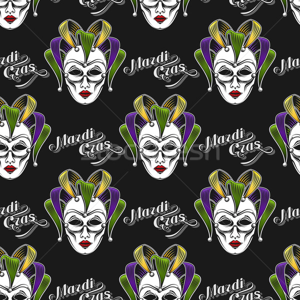 vector background with engraving Mardi Gras or Shrove Tuesday carnival mask or jester emblem. seamle Stock photo © maximmmmum