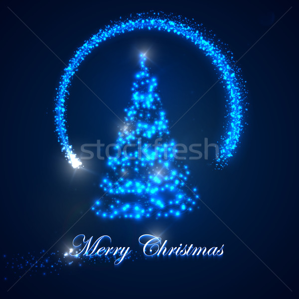 vector holiday illustration of  Christmas tree. shiny lights sparkles, and flying magic star. Merry  Stock photo © maximmmmum