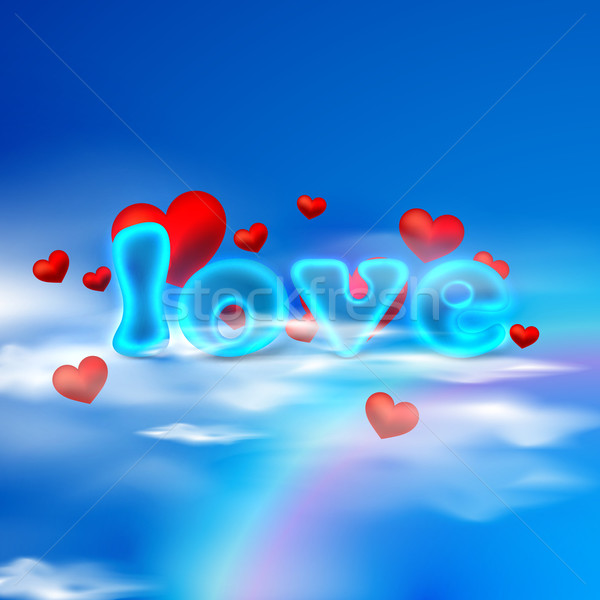 Love Illustration With Red Hearts And Blue Letters On The Sky