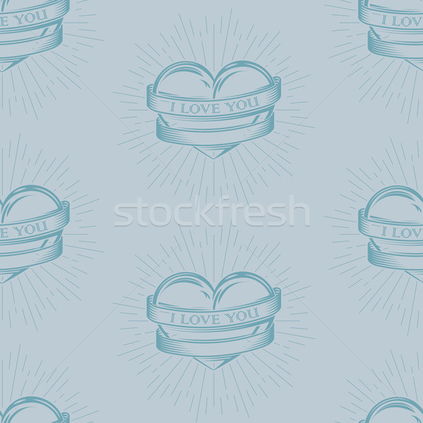 vector seamless pattern with engraving hearts,  ribbons and burst light rays. I love you. Happy Vale Stock photo © maximmmmum