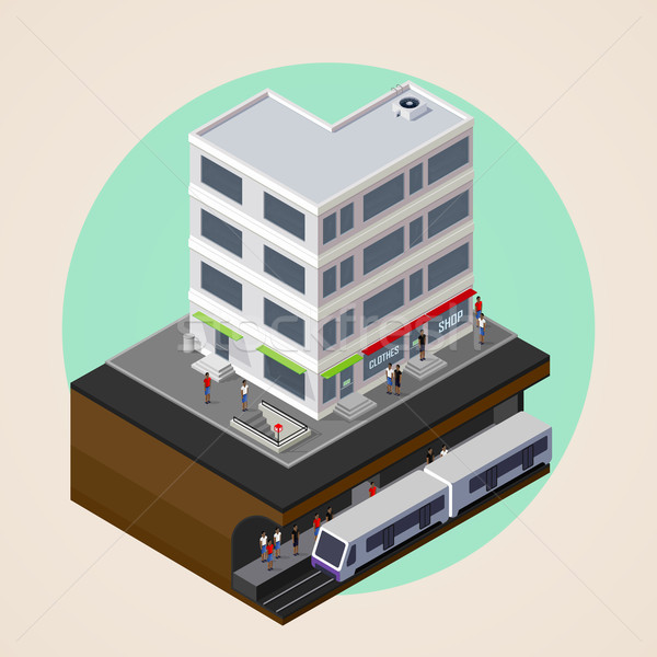 vector isometric 3d illustration of city street, building and metro (subway or underground) station. Stock photo © maximmmmum