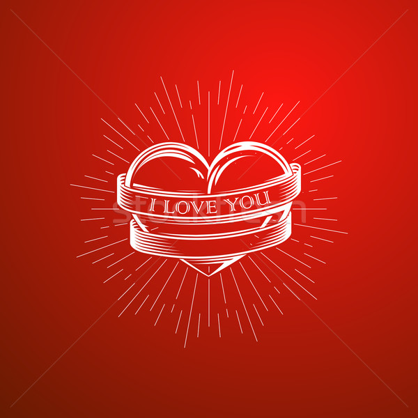 vector illustration with engraving heart,  ribbon and burst light rays. I love you. Happy Valentines Stock photo © maximmmmum