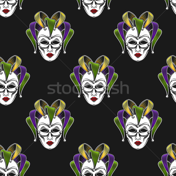 vector background with engraving Mardi Gras or Shrove Tuesday carnival mask or jester emblem. seamle Stock photo © maximmmmum