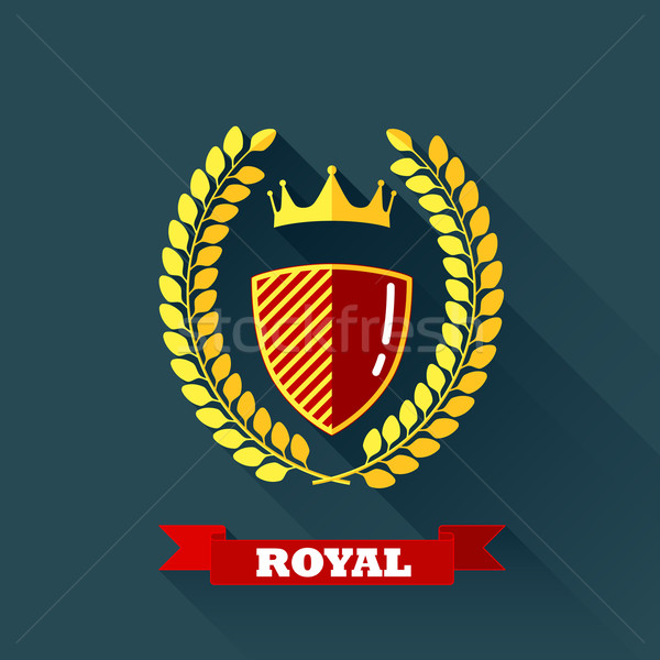Stock photo: vector illustration with laurel wreath, shield and crown in flat design with long shadow and red rib