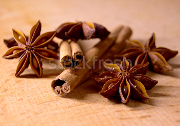 Stock photo: Star Anise and Cinnamon Sticks on Wooden Table