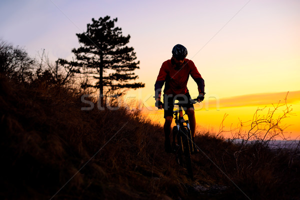 Silhouette of Enduro Cyclist Riding the Mountain Bike on the Rocky Trail at Sunset. Active Lifestyle Stock photo © maxpro