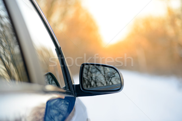 Close up Image of Side Rear-view Mirror on a Car in the Winter Landscape with Evening Sun Stock photo © maxpro