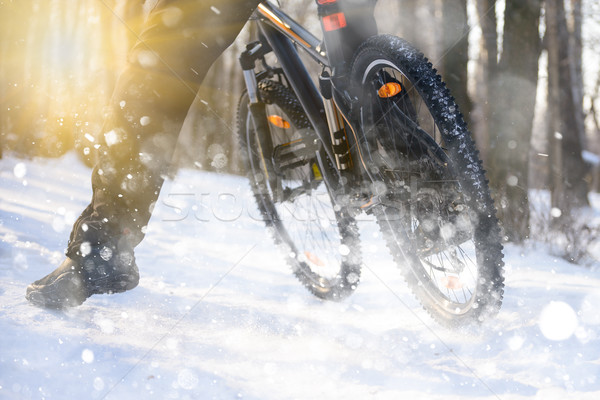 Professional Cyclist Riding the Bike on the Snowy Trail Lit by Sun. Winter Extreme Sports Concept. Stock photo © maxpro