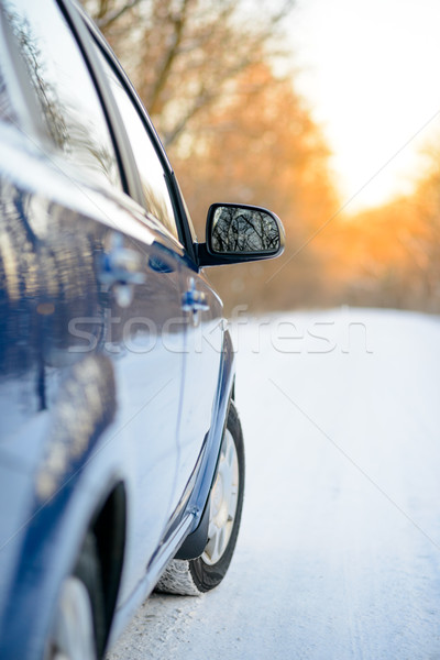 Close up Image of Side Rear-view Mirror on a Car in the Winter Landscape with Evening Sun Stock photo © maxpro