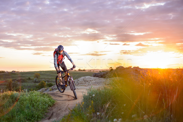 Stock fotó: Kerékpáros · lovaglás · bicikli · hegy · nyom · naplemente
