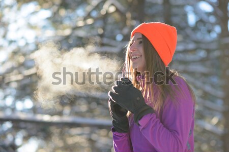 Young Woman Runner Smiling in Beautiful Winter Forest at Sunny Frosty Day. Active Lifestyle and Spor Stock photo © maxpro