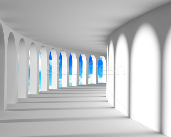 White Abstract Corridor With Columns And Blue Sky Stock Photo