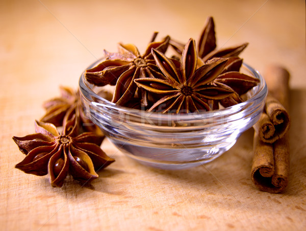 Star Anise in the Glass Bowl and Cinnamon Sticks on Wooden Table Stock photo © maxpro