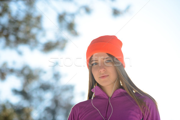 [[stock_photo]]: Jeune · femme · coureur · belle · hiver · forêt · ensoleillée