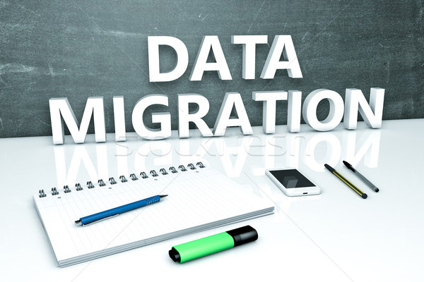 Daten Migration Text Tafel Notebook Stifte Stock foto © Mazirama