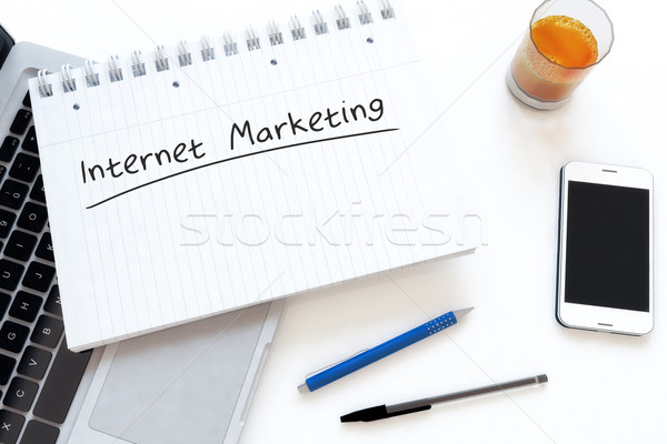 Stock fotó: Internet · marketing · kézzel · írott · szöveg · notebook · asztal · 3d · render