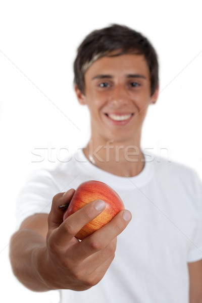 Manzana jóvenes hombre ojos marrones manzana roja mano Foto stock © Mazirama