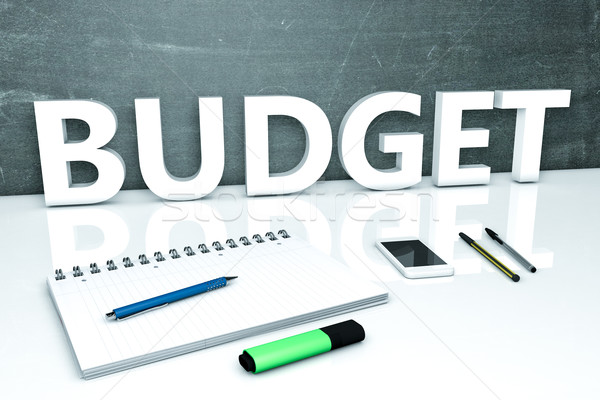 Költségvetés szöveg tábla notebook tollak mobiltelefon Stock fotó © Mazirama