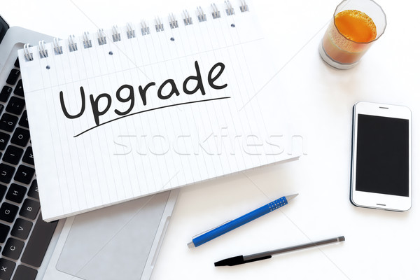 Upgrade handschriftlich Text Notebook Schreibtisch 3d render Stock foto © Mazirama