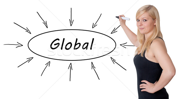 Stockfoto: Globale · jonge · zakenvrouw · tekening · informatie