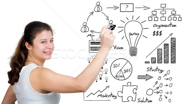 ストックフォト: ビジネス · アイデア · ビジネス女性 · 書く · ホワイトボード · 背景