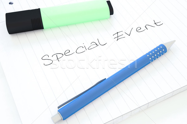 Evento speciale manoscritto testo notebook desk rendering 3d Foto d'archivio © Mazirama