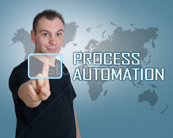 Procede automatisering jonge man druk digitale knop Stockfoto © Mazirama
