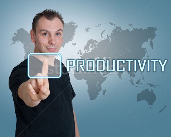 [[stock_photo]]: Productivité · jeune · homme · presse · numérique · bouton · interface