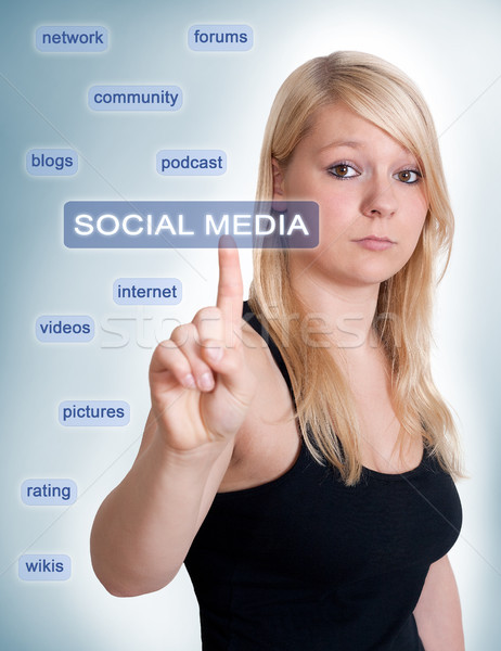Social media blonde vrouw denken hand internet vrienden Stockfoto © Mazirama