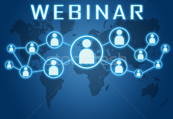 Stockfoto: Webinar · Blauw · wereldkaart · sociale · iconen · business