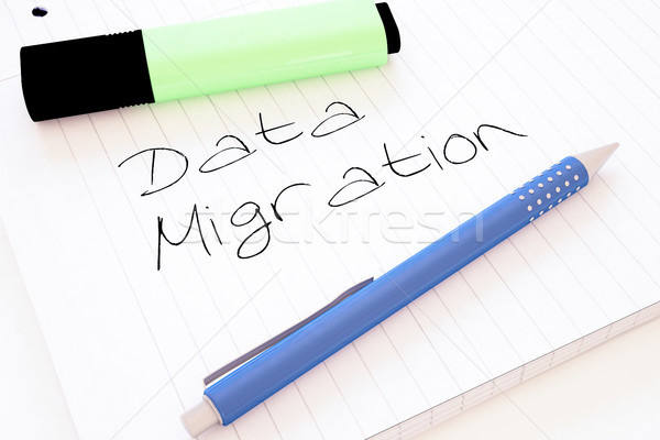 Stock foto: Daten · Migration · handschriftlich · Text · Notebook · Schreibtisch