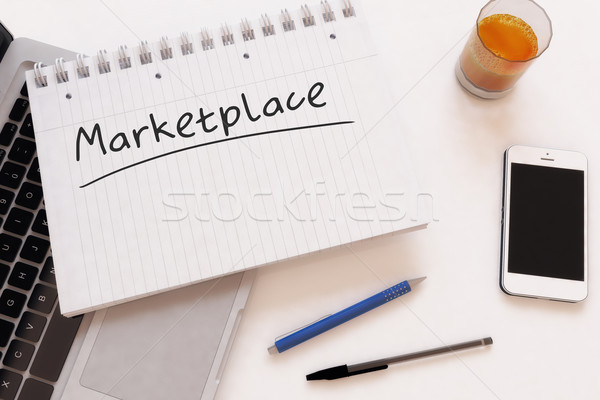 Stockfoto: Marktplaats · tekst · notebook · bureau · 3d · render
