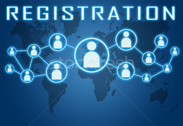 Regisztráció kék világtérkép társasági ikonok üzlet Stock fotó © Mazirama