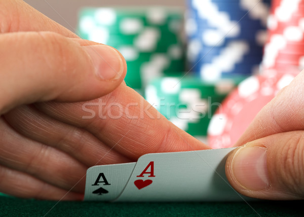 Kettő ászok játékosok kéz asztal jókedv Stock fotó © mblach