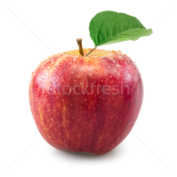 [[stock_photo]]: Pomme · rouge · gouttes · d'eau · pomme · feuille · blanche · manger