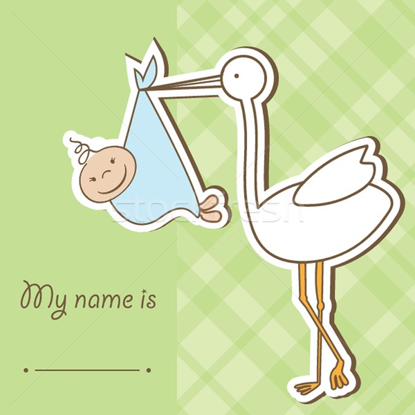Baby Ankunft Karte Storch cute Junge Stock foto © mcherevan